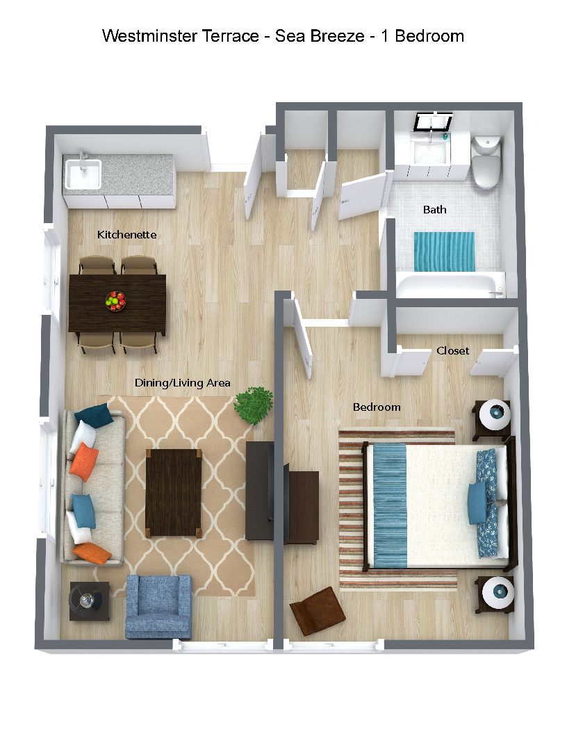 Floor plan of a one-bedroom unit at Westminster Terrace