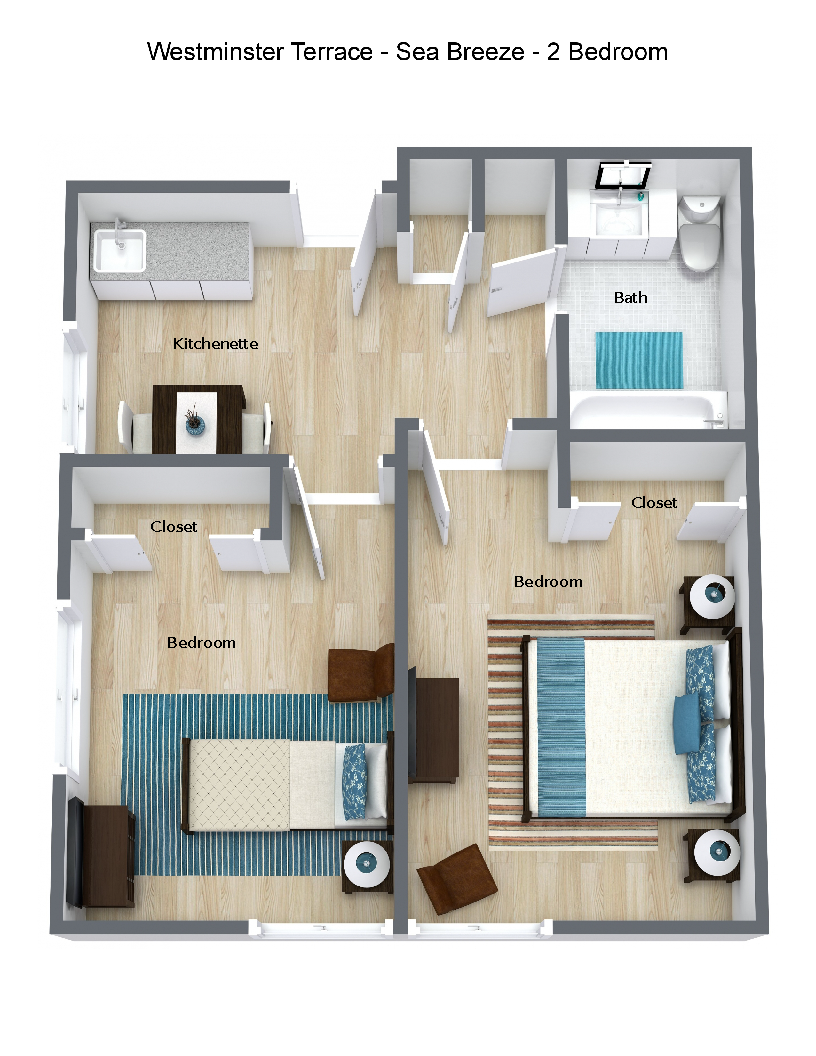 Architectural floor plan of a two-bedroom unit