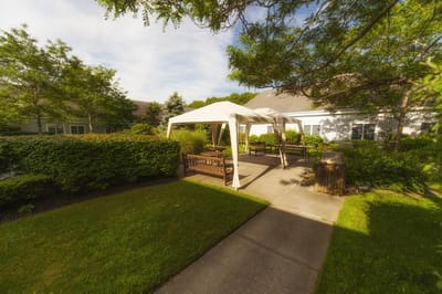 A serene outdoor space with seating and shade