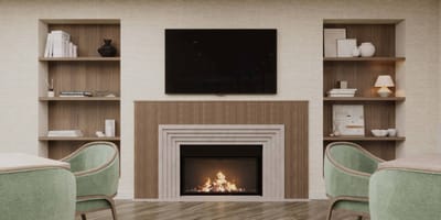 Cozy lobby with a fireplace and modern decor