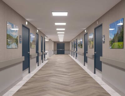 Bright corridor with artwork on the walls