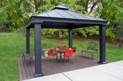 Outdoor gazebo with seating area and table