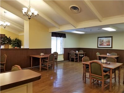 Interior view of the dining room area with tables