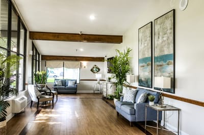 Bright, welcoming interior of a common area with seating