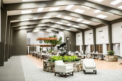 Spacious dining area with seating and decor