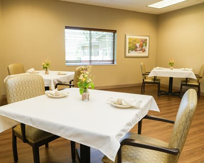 Bright dining room with neatly arranged tables