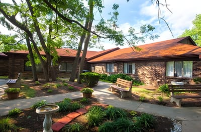 Beautiful landscaped outdoor space with benches