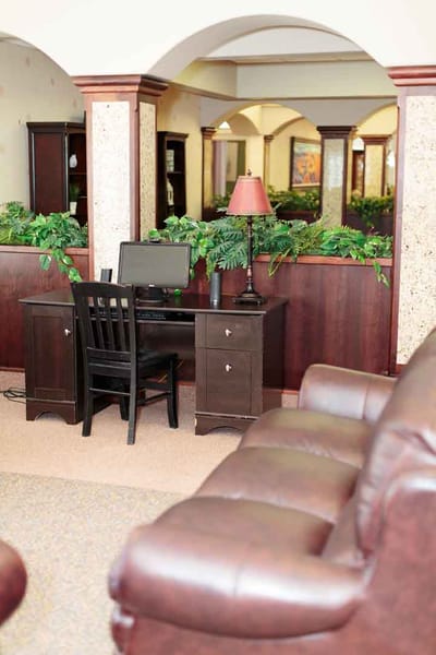 Comfortable common area with seating and workspace