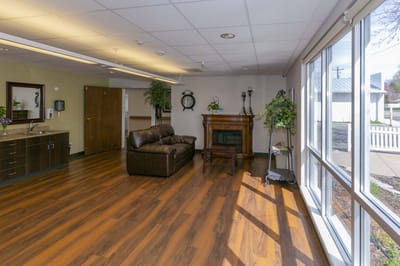 Interior view of a common area with seating and decor