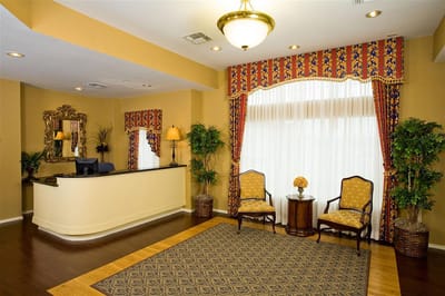 Interior lobby of a senior living facility with decorative elements