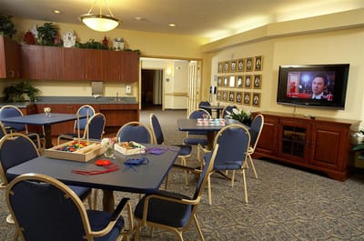 Interior common area with tables and chairs