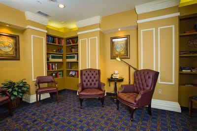 Interior seating area with bookshelves
