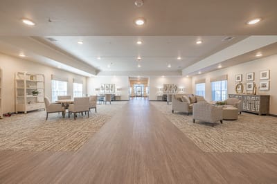 Bright common area with seating and decor