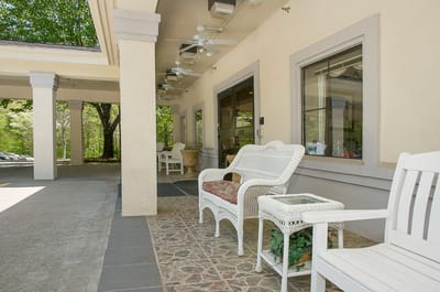 Outdoor seating area with wicker furniture