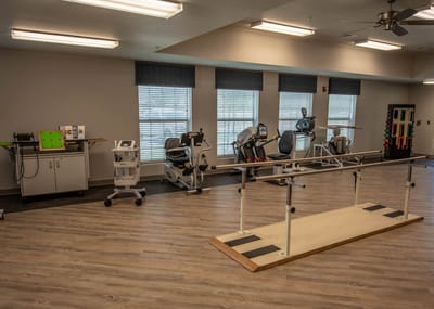 Rehabilitation facility interior with exercise equipment