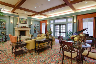 Interior common area with seating and decorative elements