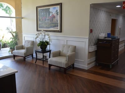 Interior view of a common area with seating and art