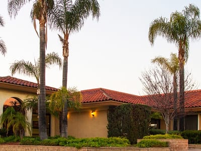Exterior view of the facility with palm trees