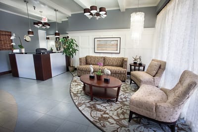 Interior lounge area with seating and decor