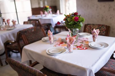 Dining area set with floral centerpiece and napkins