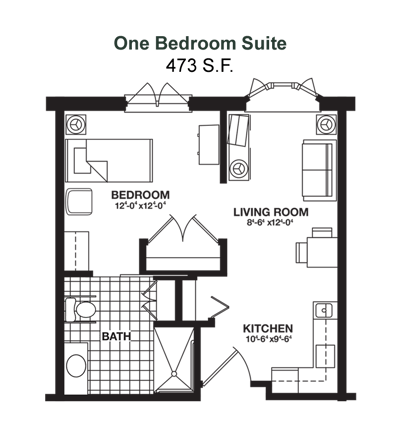 Architectural floor plan of a one-bedroom suite.