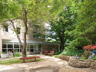 Outdoor seating area with benches and trees.