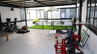 Outdoor seating area with chairs and plants