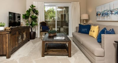 Cozy living area with sofa, coffee table, and plants