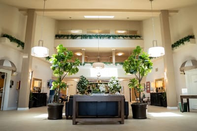 Bright and spacious lobby with greenery and seating.
