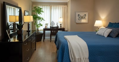 Well-decorated room with a blue quilt and plants.