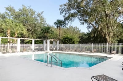 Serene poolside area with lounge chairs and greenery.