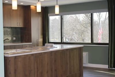Modern kitchen interior with large windows