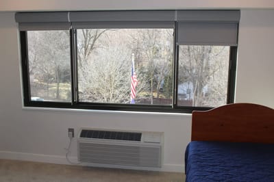 Room with a view of a flag and trees.