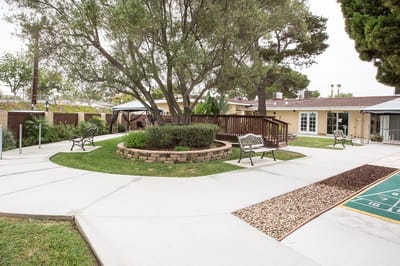 Outdoor space with benches and walking paths