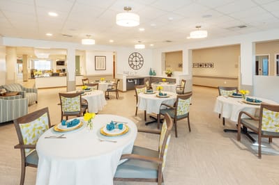 Bright dining area with neatly arranged tables
