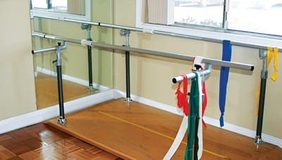 Physical therapy area with exercise equipment