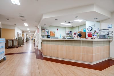 Bright lobby of a care center with reception desk
