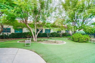 Well-maintained outdoor garden area with benches