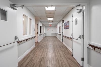 Bright and clean hallway in a nursing home facility