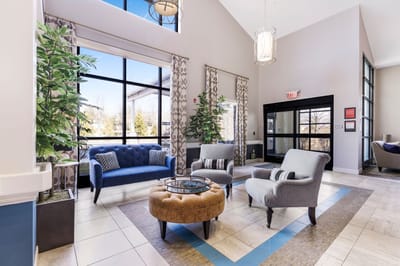 Bright and inviting common area with seating
