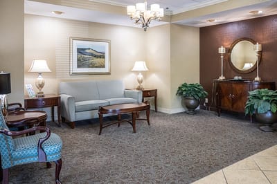 Interior lounge area with seating and decor