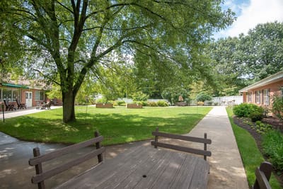 View of a grassy courtyard with trees and benches
