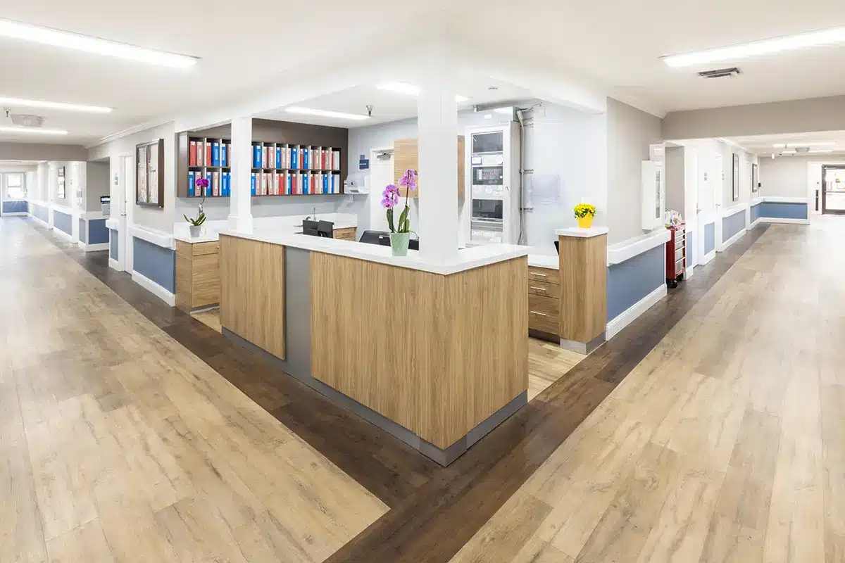 Reception area in a bright nursing home interior