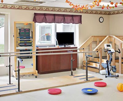 Rehabilitation activity room with exercise equipment