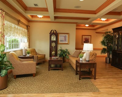 Bright common area with seating and plants