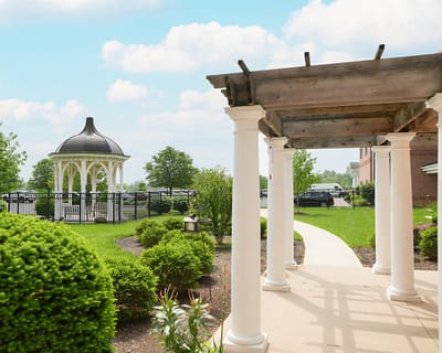A view of the gazebo and landscaped outdoor space