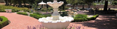 Beautiful outdoor garden with a fountain and flower beds