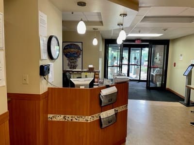 Reception area of a nursing facility with front desk