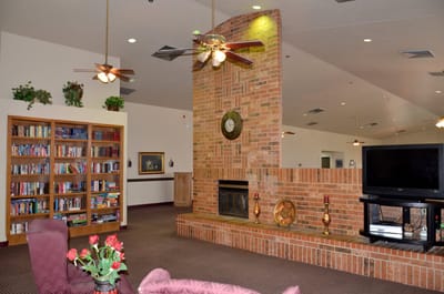 Cozy common area with a fireplace and bookshelves