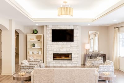 Bright lounge area with modern furniture and decor